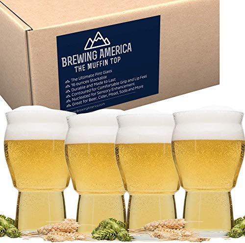 Brewing America The Muffin Top® Nucleated Beer Glass for Better Tasting Craft Beer & Cider - Tulip Shape and Nucleation for Enhanced Taste and Aroma for Ultimate IPAs (Muffin Top Clear 4-Pack)