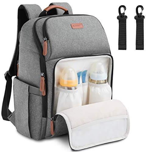 NEWHEY Wickelrucksack für Babys, wasserdicht, große Kapazität, Reisetasche, multifunktional, Rucksack mit 2 Kinderwagengurten, für Mama, Papa, Grau