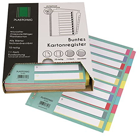 15er Pack 10-teiliges DIN-A4 Register/Trennblätter aus recyceltem Karton, in praktischer Spenderbox, verstärkte Lochung mit Deckblatt, Trenn-Blätter in 5 Farben für die perfekte Ordner-Organisation