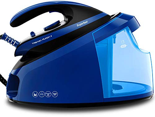 Tristan Auron Superfast Dampfbügelstation 6.5 bar Dampfdruck I 2800 W, variabler Dampf, 420g/Min. Dampfstoß I 1,7L Wassertank – Abschaltautomatik (Blau mit Ablage)