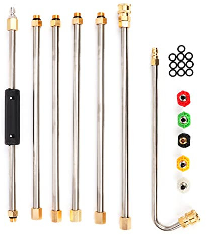 aleawol Gutter Cleaning Tool Pressure Washer Extension Wand Set, 4000 PSI High Pressure Washer Gun Extension Rod, Roof Cleaner Lance with 5 Pcs Nozzle Tips, 1/4 Inch Quick Connect, 10 Pcs Rubber Ring