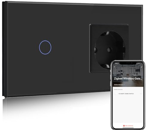 BSEED Normale Steckdose mit Smart ZigBee Lichtschalter, intelligenter Wandschalter Kompatibel mit Alexa und Google Home, 1 fach 1 Weg Unterputz Schalter 250V Schwarz (Hub erforderlich)