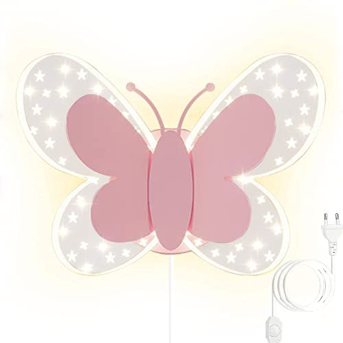 HMAKGG LED Innen Wandlampe Kinderzimmer Mädchen mit Schalter Stecker, Modern Schmetterling Wandleuchte 3 Farbtemperatur Bettleuchte Wand Cartoon für Kinder Schlafzimmer Nachttisch Korridor