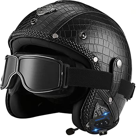 Bluetooth Motorradhelm mit ECE, Jethelm Retro Halbschalenhelm Motorradhalbhelm mit Schutzbrille, Chopper Helm Scooter-Helm Offenem Helm, mit Sonnenblende Herausnehmbares Futter