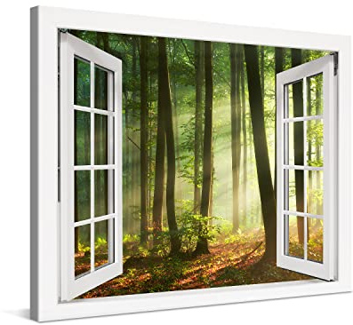 PICANOVA – Hermoso Amanecer de la Mañana Ventana 80x60cm – Cuadro sobre Lienzo – Imagen Impresión Montado sobre Marco De Madera – Cuadro Decoración Moderno para Salón o Dormitorio – Colección Bosque