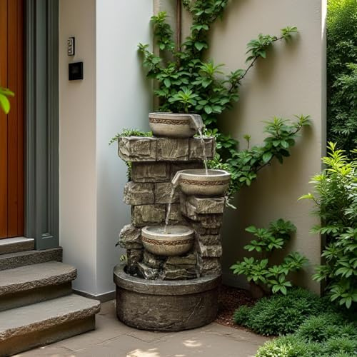 Cheng Pin 3 Tiers Water Fountain Outdoor - 28 Inch Tall Cascading Bowls and Stacked Stones Design, Create Relaxing Waterfall Flow Water Feature for Your Garden, Patio, Backyard,Lawn