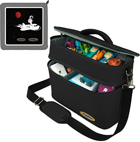 PUNALU große Tasche für Toniebox inkl. Schutzfolie passend für Toniebox, Platz für 68 Tonies, Set Toniebox Tasche + Toniebox Aufkleber (Astronaut 3 schwarz)