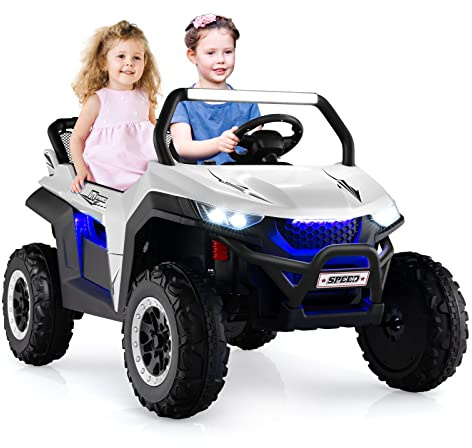 COSTWAY 2-sitsig barnbil med 2,4 G-fjärrkontroll, 12 V, UTV för barn med musik och strålkastare, Jeep/bil som går i 2–4 km/h, för barn från 3 år (vit)