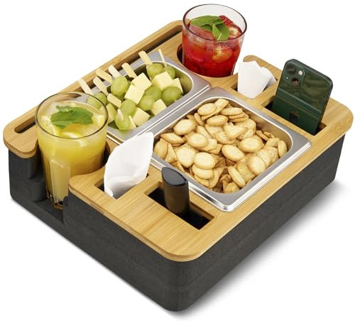 VALU Couch Organizer - aus Bambus mit Zwei Snackschalen, Organizer, Flaschenhalter für Tassen und Gläser - Couch bar, Sofa Tablett Snackbar, Snackbox
