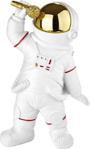 Brubaker Figura Decorativa Astronauta Cantante - Figura spaziale da 20 cm con Microfono e Casco Cromato - Statua Spaziale Moderna Dipinta a Mano per Musicisti – Oro e Bianco