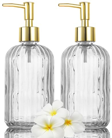 Glass Soap Dispenser Bottle with Pump, Versatile 14 Oz Dripless Pump Bottle, Refillable Liquid Hand Jar Dispenser for Bathroom, Countertop, Kitchen, Laundry Room (Clear, 2 Pack)