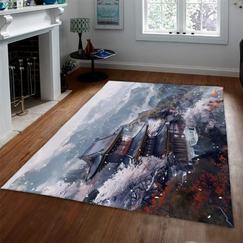 LANDERSION Waschbarer Teppich im japanischen Stil 120x170cm Vintage Orientalische Architektur Dünner Teppich für Esszimmer Rutschfester maschinenwaschbarer Eingangsteppich