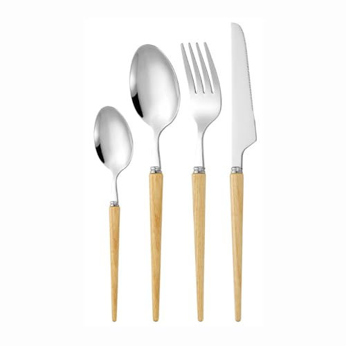 Massiver Eschenholzgriff Küche Edelstahl Silberbesteck Geschirr Besteck Set Steakmesser Gabel Löffel Teelöffel (Spitzer Griff,4 Stück)