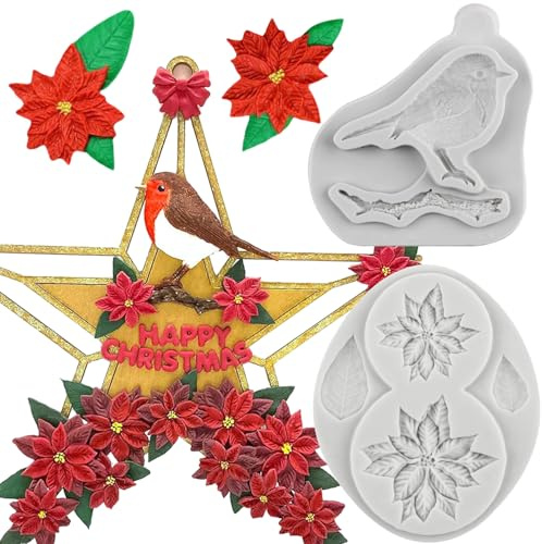 MYPRACS Weihnachten Fondant Silikon Form Vogel Fondant Form Blume Pro Weihnachtsstern Silikon Form Baum Zweig Form Für Zucker Dekorieren Cupcake Topper Kaugummi Paste Süßigkeiten Polymer Satz von 2