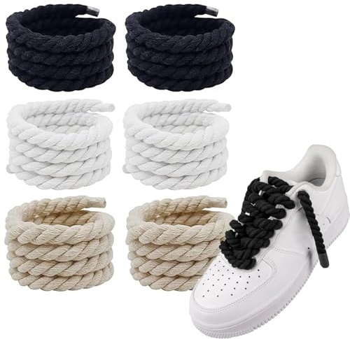 RNXSIB Rope Laces, 3 Paar Dicke Schnürsenkel für Air Force 1, 160cm × 0,8cm, Breit Seil Sneaker Schuhbänder, DIY Dreisträngige Baumwollseil-Schnürsenkel