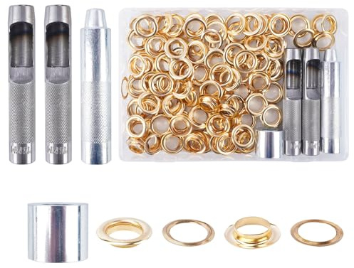 KJLEEN 14mm Eyelet Punch Kit 120 Sets Gold Grommet Tool Kit, Metal Grommets Eyelets Set Brass 14mm Grommet Eyelet Kit for Fabric Canvas Tarpaulins Awnings Curtains Leather Clothing Bag Craft (Gold)