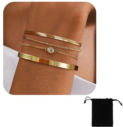 NJCXOLA 4 Pièces Bracelets Or pour Femme Acier Inoxydable Plaqué Or 14 Carats Bracelets Empilables Figaro Chaîne Perles à Maillons Réglables Ensemble Bracelets étanches Bijoux Or pour Femme