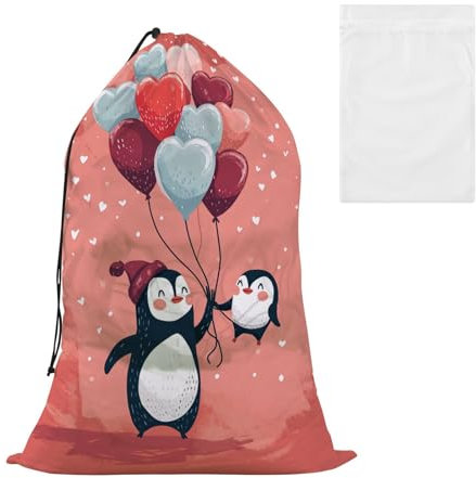 Bolsa de lavandería grande de malla con globos de corazón de pingüino, organizador de ropa sucia con cierre de cordón, cesta de lavandería de 24 x 35 pulgadas
