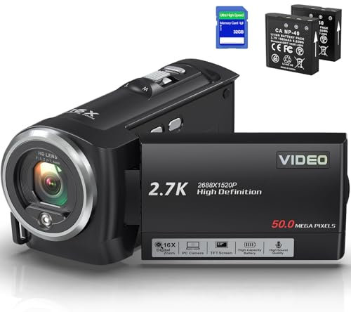 Delmodes Camcorder 50MP 2.7K Video Camera 16X Digital Zoom Vlogging Camera with LED Fill Light, 2.8 Inch LCD Screen Camcorder for YouTube with 32GB SD Card, 2 Batteries