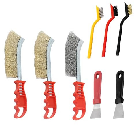 8 Pezzi Spazzola Acciaio, MYLERCT Due Tipi Spazzola Metallica, Set di Spazzola in Filo in Metallica con Lama da 245 mm, Pennello a Punta e Spatola per Cucina, Bagno e Officina
