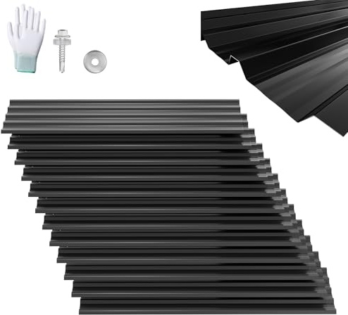 Froadp 12x Dachblech Trapezblech 129,5 x 45 cm, 7 m² Verzinkt Wellblechplatten, Stahl Profilblech für Carport Gerätehaus, inkl. Schrauben und Handschuhe, Schwarz