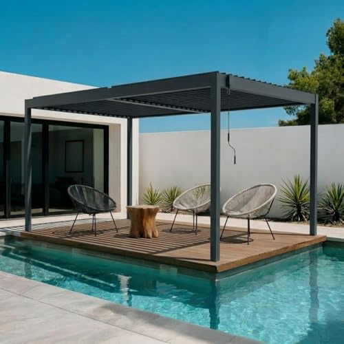 CAZEBOO Pérgola Bioclimática Autoportante Piana 394x304 cm (4x3 m – 12 m²) Aluminio Gris Antracita – Lamas Orientables 0-110° Acero – Resistente Viento 70 km/h – Kit Completo con Manivela y Anclajes