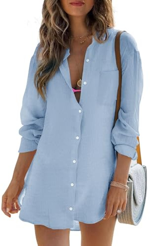 Cicy Bell dam långärmad blus sommar muslin toppar bomull casual button down skjorta klänning toppar lös tunika strandklänning bikini cover up