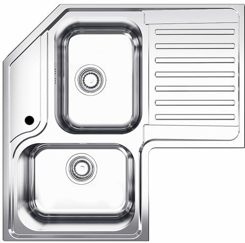 Fhuller Lavello da Cucina Angolare, 83x83 cm, 2 Vasche con Gocciolatoio Destro, Acciaio Inox