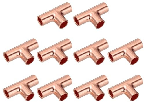 PATIKIL 1/4 (6mm) ID 0.8mm Thick Tee Copper Fitting, 10Pcs 99.9% 3 Way Pure Copper Pipe Fitting Tube Connector with Sweat Solder Connection for Plumbing HVAC Refrigeration System