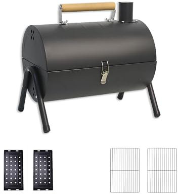 Generico Barbecue a Carbone, Barbecue da Esterno, affumicatore 2 in 1, Design Compatto con Manico in Legno di faggio, per Patio, Cortile, Picnic, Cucina, Campeggio (Nero)