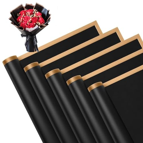 Trrrioosy 20 Blatt Blumenstrauß Geschenkpapier Wasserdicht Gold Rand Floral Bouquet Geschenkpapier Floristenbedarf Geschenkverpackungspapier für Kunst DIY Handwerk Blumenladen (Schwarz)