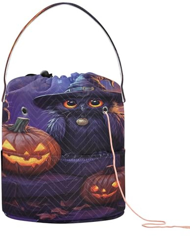 Halloween Hexenzeit Kürbis schwarze Katze Eule Garn Taschen Garn Taschen zum Häkeln mit Löchern Reiseaufbewahrung für Häkelwerkzeug Häkelzubehör