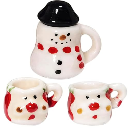 Mini Set de té, 1:12 Cerámica Cerámica Cute Nieve muñeco de muñecas Juego de té Miniatura, Decoraciones de Navidad de muñecas Regalos para niños Juego de rol | y Accesorios