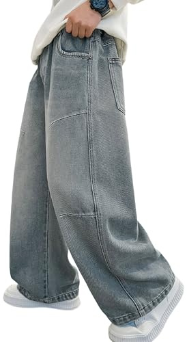 Rolanko Boys Baggy Jeans Elasticated Waist Cargo Wide Leg Skater Jeans with Multipockets Vintage Streetwear Denim Pants for Kids, Light Blue, 160, 11-12 Years