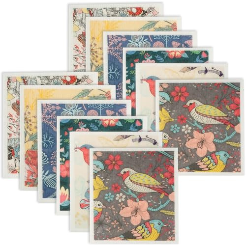 Swedish Dishcloth Set, Reusable Dish Cloths, Food-Safe & Plastic-Free Sponge Cloths, Quick Drying Kitchen Cloth Suitable for Cleaning in the Kitchen, Dishes, Bathroom, Glass (Colorful Bird 12PCS)