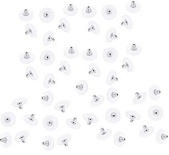 50 piezas de pendientes de silicona con almohadilla para pendientes, parte trasera plana, tuerca de seguridad, hallazgos hipoalergénicos, plata