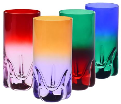 Krosno – Vasos para Bebidas, Agua y Zumos 300 ml – Set de 4 unidades en 4 colores diferentes – Colección Aurora – Cristal sin Plomo – Pintados a Mano