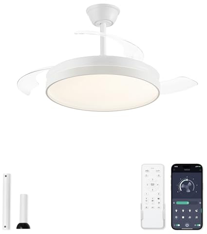ZMISHIBO Ventilador de Techo con Luz 107 cm, Lámpara Ventilador Techo con Aspas Retráctiles,Motor DC Reversible,Silencioso,3000~6000K,2 Barras Colgantes