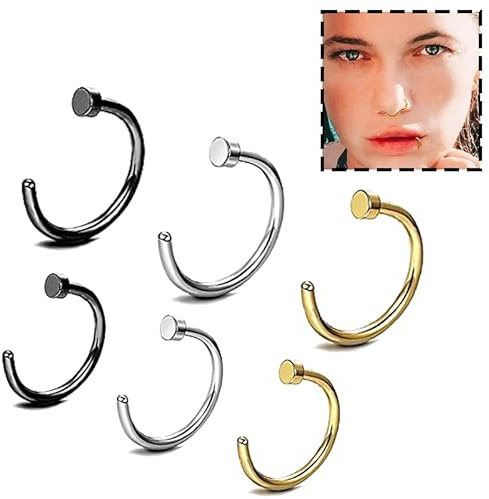 6 Stück Fake Piercing-Set – 8/10 mm Clicker-Ringe aus Chirurgenstahl für Nase, Ohr, Lippe & Intimbereich (Gold, Silber, Schwarz)