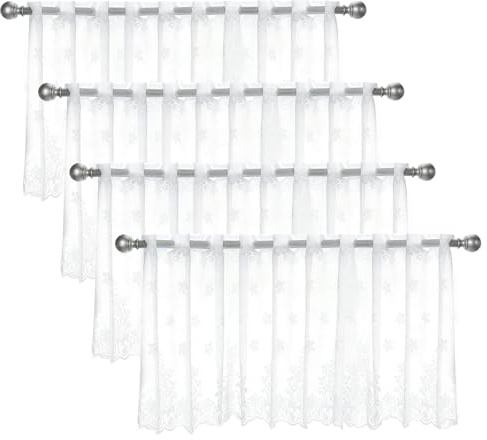 JSUOEO 4 Stück Scheibengardine Küche Bistrogardine 150 x 50cm Weiß Blume Kurz Scheibengardinen Landhausstil Vorhänge Halbtransparent Modern Gardinen für Küchen Wohnzimmer Café