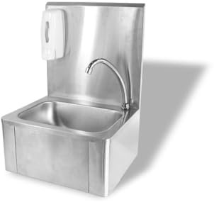 HENDI Waschbecken, mit Kniebedienung, inkl. Seifenspender, Anschlussmaterial, Aufkantung, Spülengröße: 335x235x(H)114mm, Abfluss: ø50mm, Spülbecken, Handwaschbecken, 400x330x(H)560mm, Edelstahl