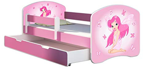 ACMA Kinderbett 80 x 180 cm mit Bettkasten, Matratze & Lattenrost – Jugendbett mit Rausfallschutz, personalisiertes Motiv 07 Rosa Fee - Rosa, Mädchenbett ab 3 Jahren, belastbar bis 120 kg