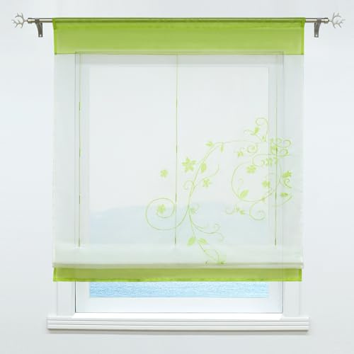 ESLIR Raffrollo Weiß Raffgardine Transparent Vorhänge küche Gardinen Bändchenrollo Tunnelzug Bestickt Voile Grün BxH 100x140cm 1 Stück