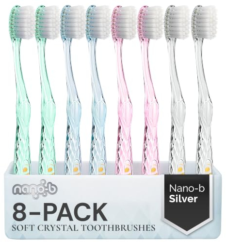 Nano-b Handzahnbürsten-Set für Erwachsene mit empfindlichem Zahnfleisch, Silverfarbene, weiche/mittlere Borsten, Reiseetui, Blau, Rosa, Grün, Kristall, 8er-Pack