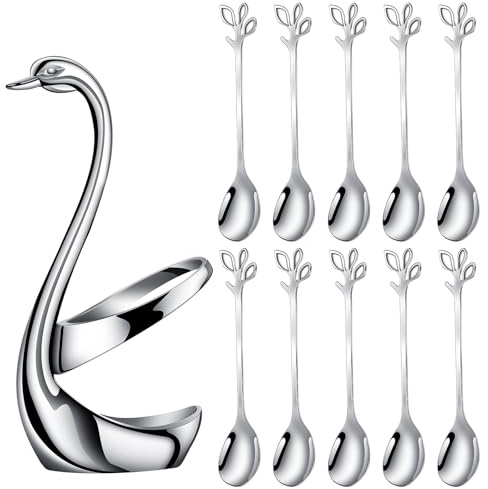 AnSaw Petit support de cuillère à café argenté, base cygne avec 10 cuillères à expresso Demitasse, mini cuillère à dessert en forme de feuille de 11,9 cm, cuillères à thé en acier inoxydable