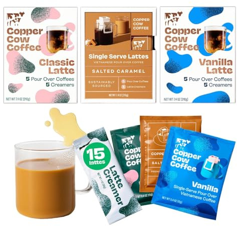 Copper Cow Vietnamese Coffee Variety Pack (15 Coffees & 15 Creamers)| Classic, Vanilla, & Salted Caramel Latte | Pour Over Single-Serve Lattes, No Refrigeration Needed, Travel Friendly Ground Coffee