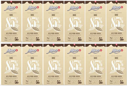 MUNZ Bio Schokolade 85% Peru Cocoa | 100% Schweizer Fairtrade Schokolade | 12 Tafeln á 100g Zartbitterschokolade | Swiss Premium Organic Dark Chocolate | Edelbitterschokolade