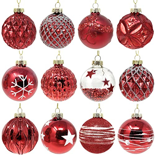 Weihnachtsbaumkugeln Rot aus Glas 12er Set - Moderne Weihnachtskugeln handbearbeitet | Wunderschöner Christbaumschmuck gemischt 6cm | Edle Christbaumkugeln für Weihnachtsbaum (Rot)