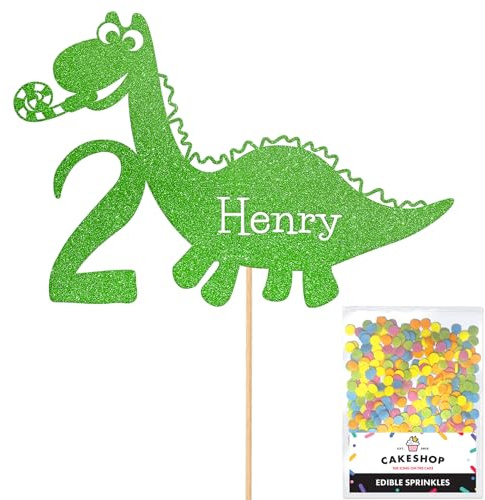 Personalised Birthday Dinosaur Glitter Cake Topper- Green Any Name & Age Glitter Cake Decoration and Sprinkles - Happy Birthday Decorations - Personalised Toppers for Cakes by Cakeshop