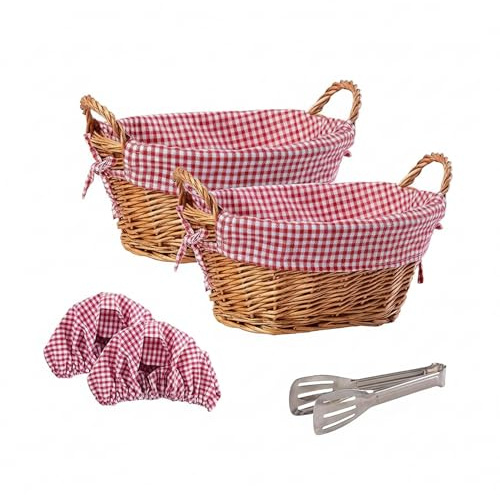 eGenuss 2 paneras rústicas de mimbre grueso + 2 fundas de algodón extraíbles + 2 cubre cestas de algodón transpirable + 1 pinza de acero inoxidable | Rojo